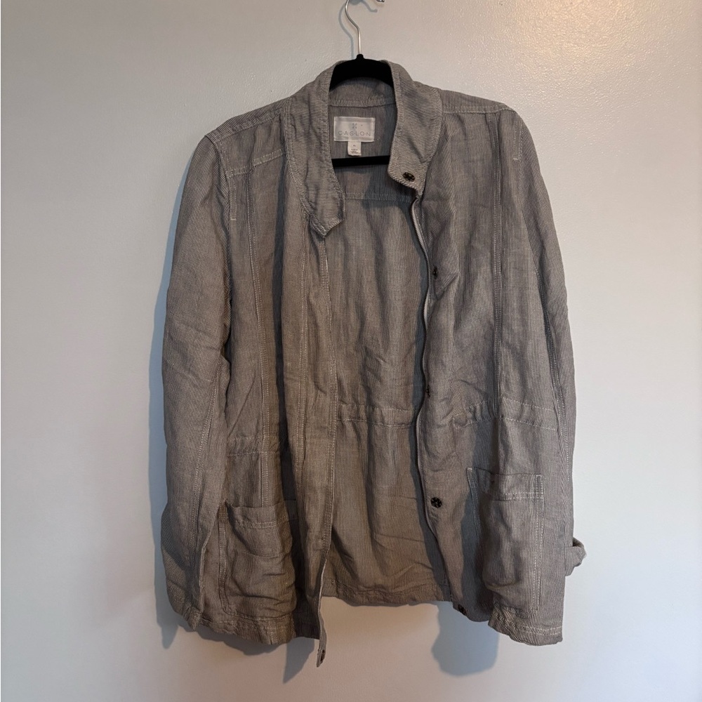 Caslon striped utility linen jacket with zipper and pockets, size XL